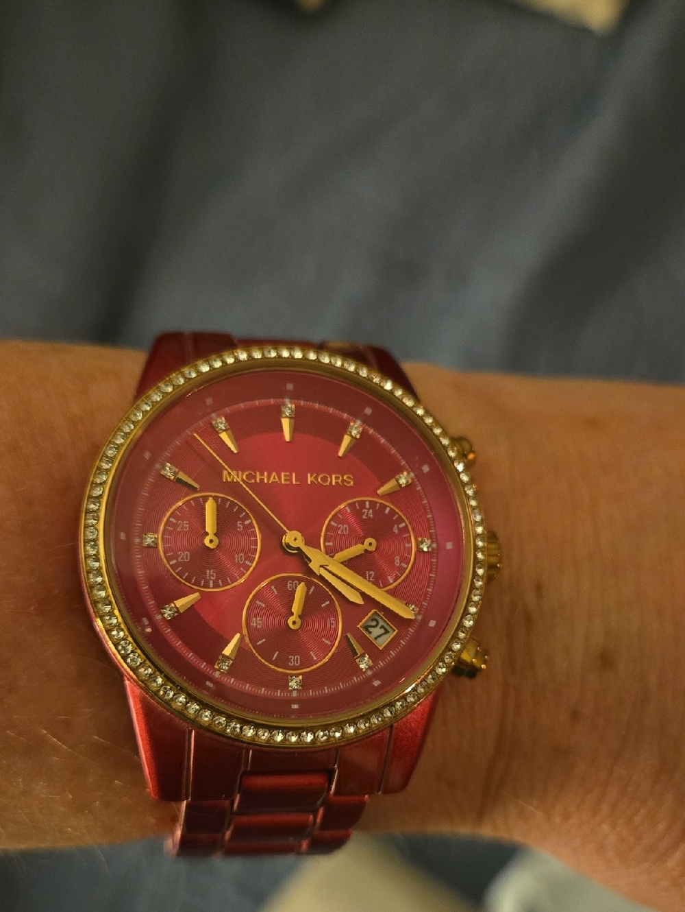 Michael Kors Pink and Gold Crystal-Trim Chronograph Watch - Picture 5 of 6